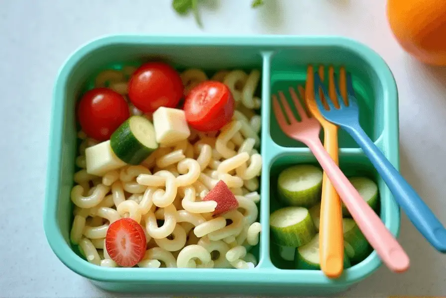 Toddler-friendly pasta salad and veggie skewers for daycare.