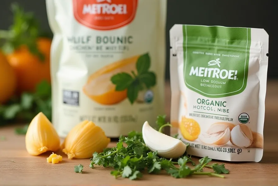 Organic low-sodium chicken bouillon cubes on a counter.