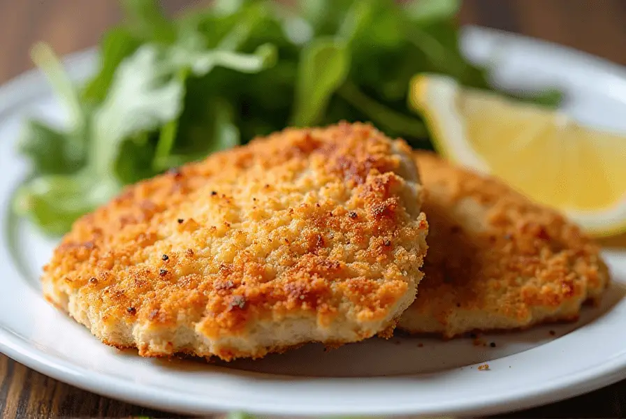 Crispy Parmesan-crusted thin chicken breast with salad and lemon wedges