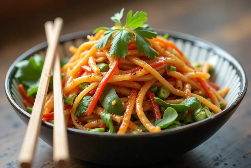 Pickled vegetables in a jar with rice vinegar.