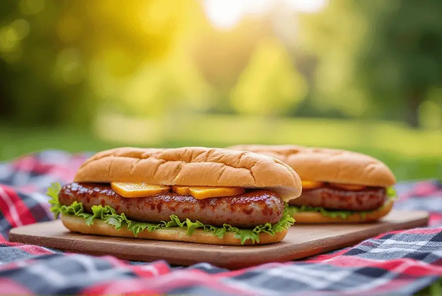 Summer sausage sandwiches on a picnic table with fresh vegetables.