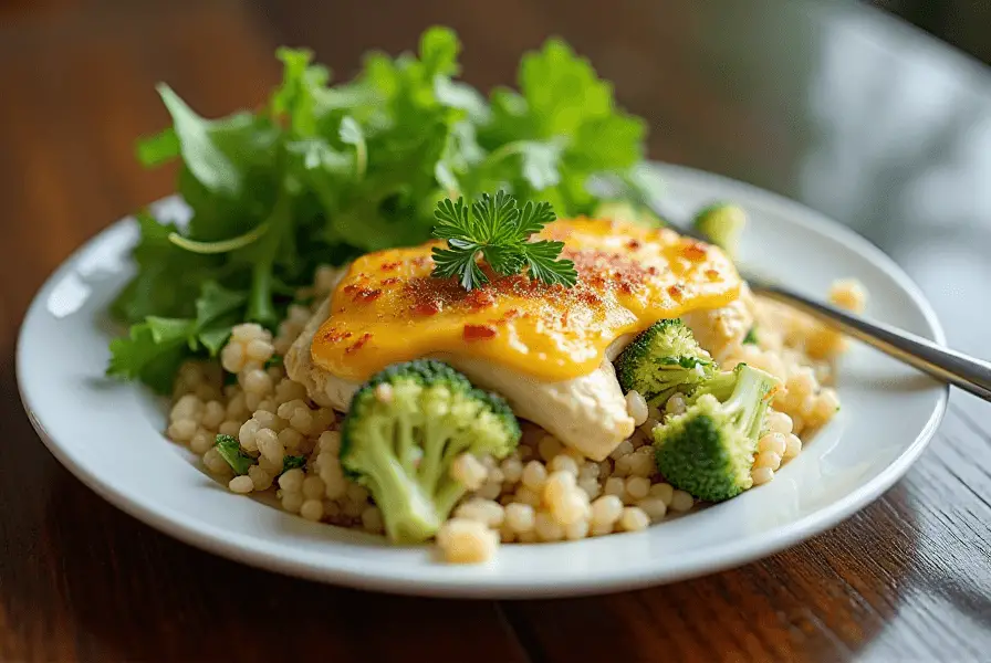 A serving of chicken broccoli rice casserole on a plate with salad.
