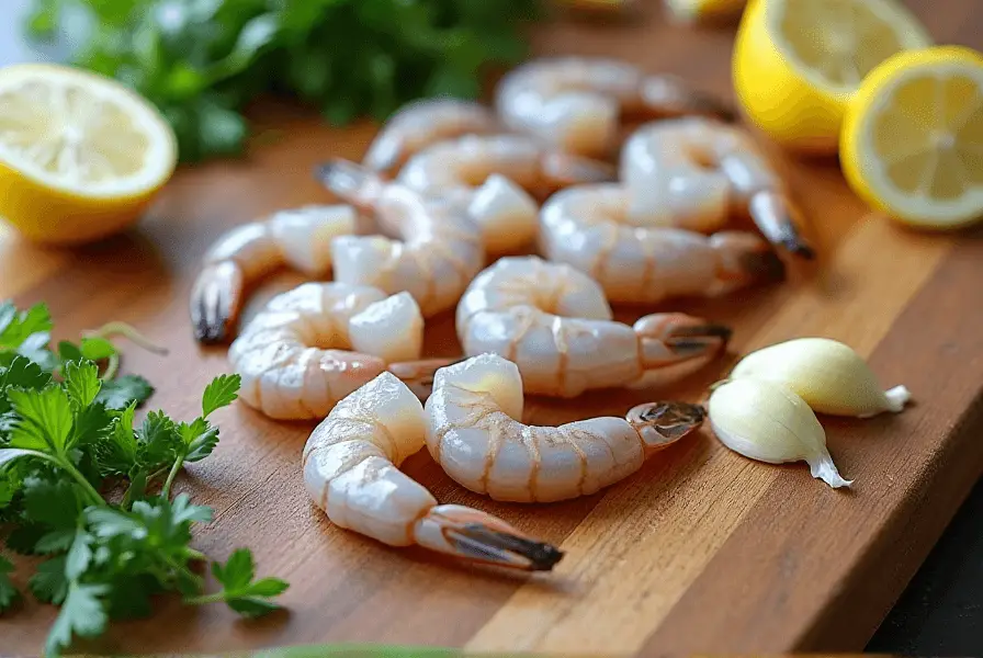Fresh shrimp being cleaned and prepared with herbs and garlic.