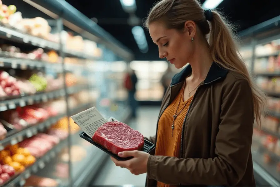 Person checking beef label for recall details in a store