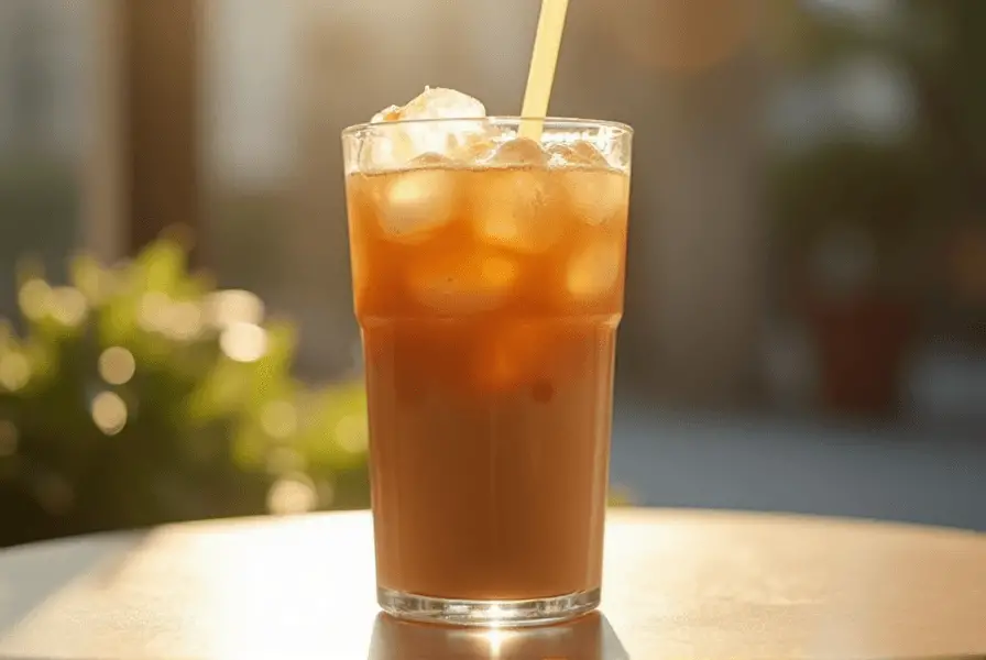 Iced caramel macchiato with ice cubes and caramel drizzle.