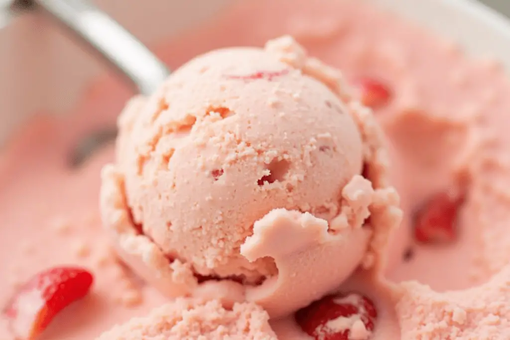 Scooping strawberry shortcake ice cream close-up