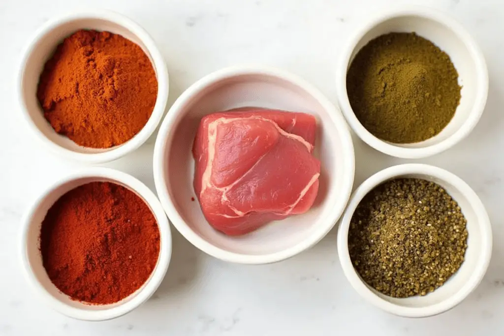 Raw chicken good roasts seasoned with herbs and spices on a baking tray.