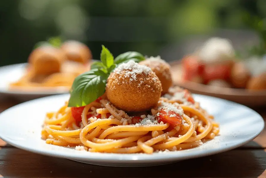 Sicilian arancini and pasta alla Norma on an outdoor table.