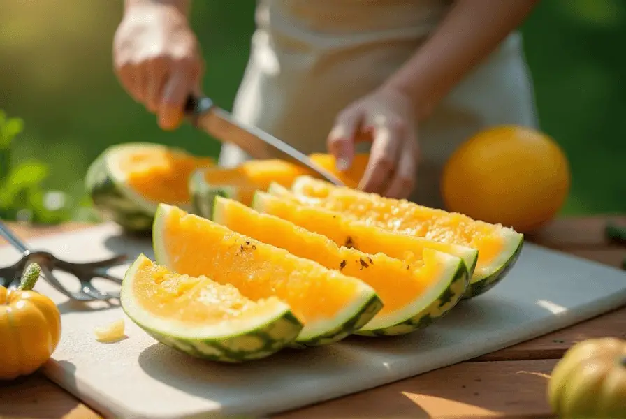 A yellow watermelon being sliced on a cutting board.