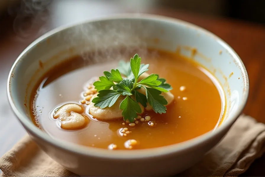 Soup made with chicken bouillon garnished with parsley."