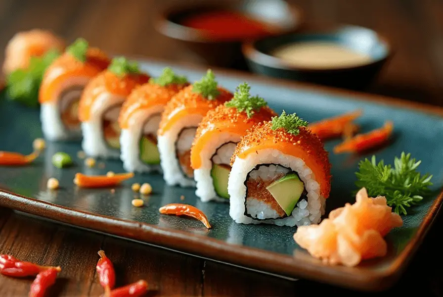 Sushi roll topped with tobiko and avocado on a ceramic plate