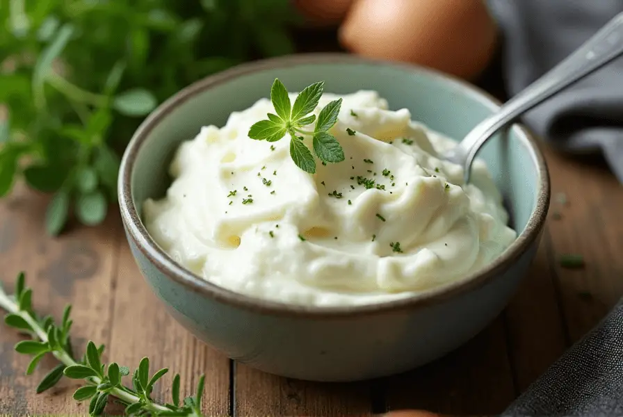 A bowl of thick English equivalent crème fraîche with fresh herbs.