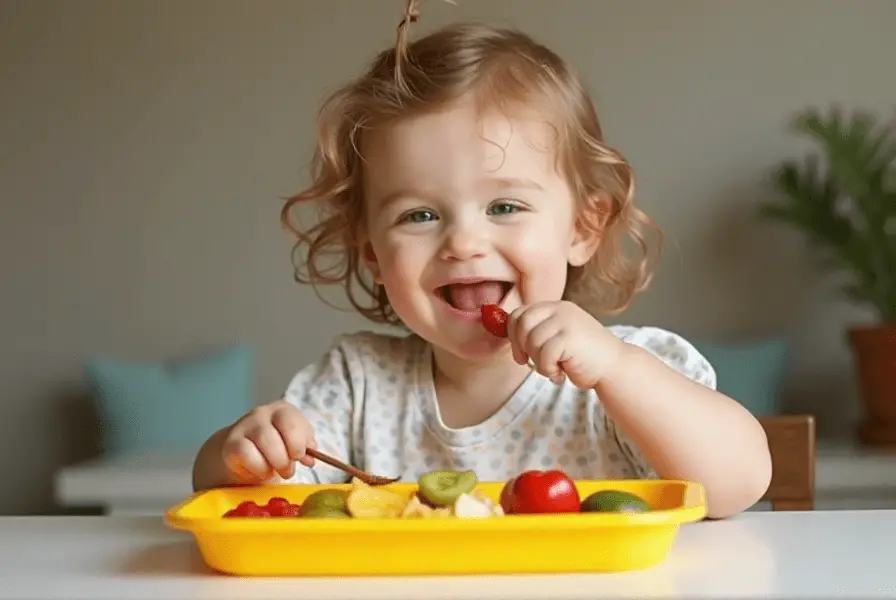 Healthy Toddler Lunch Ideas enjoying a colorful lunch with fun-shaped foods.