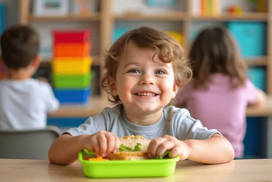 Happy toddler enjoying daycare lunch at a communal table
