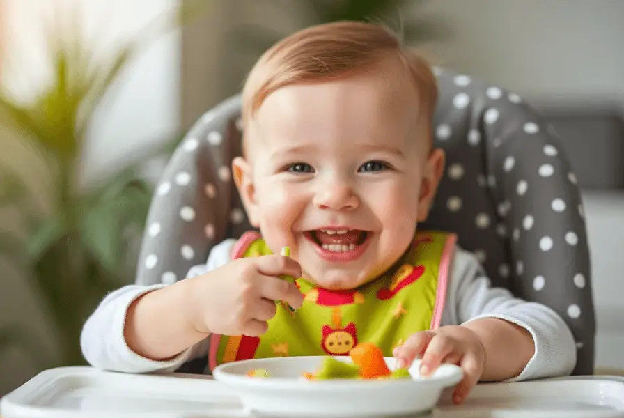Toddler eating a healthy lunch in a high chair.