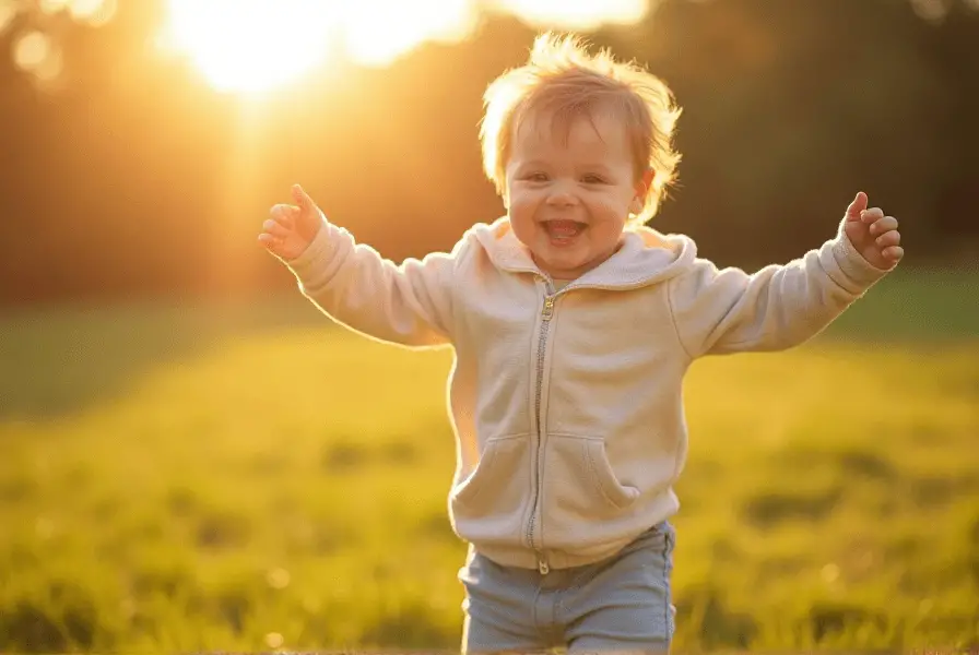 Toddler running joyfully on a grassy field
