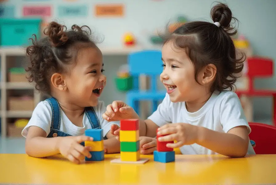 Toddlers playing and sharing blocks at a table.