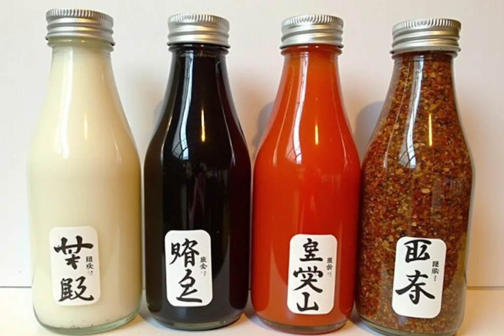 Four types of rice vinegar bottles displayed on a wooden shelf.