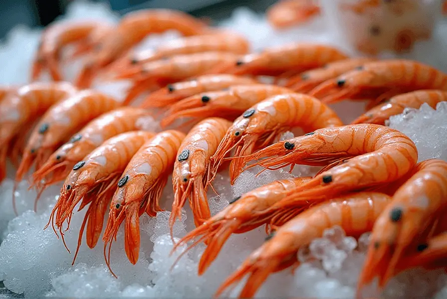 Different types of shrimp on ice in a seafood market.
