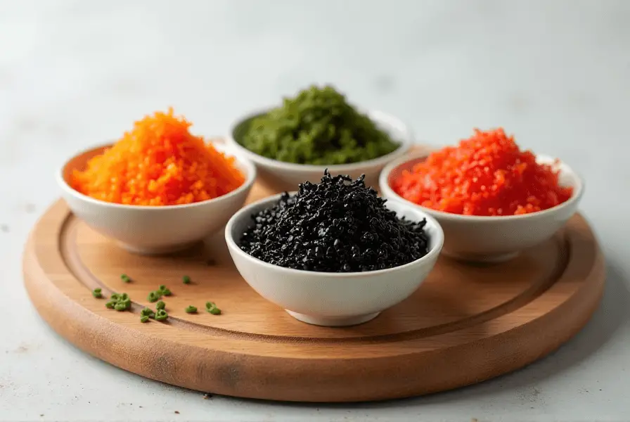 Different tobiko colors in small bowls on a wooden board.