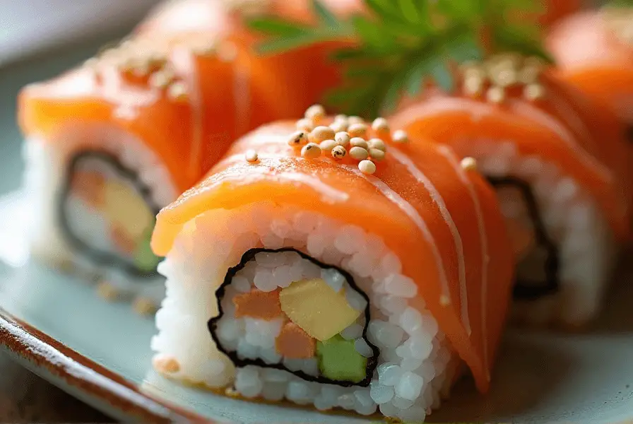 Assorted salmon-topped sushi rolls
