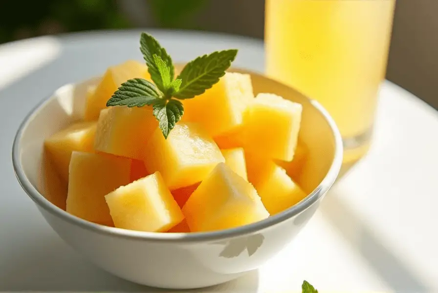 Cubed yellow watermelon in a bowl garnished with mint leaves.