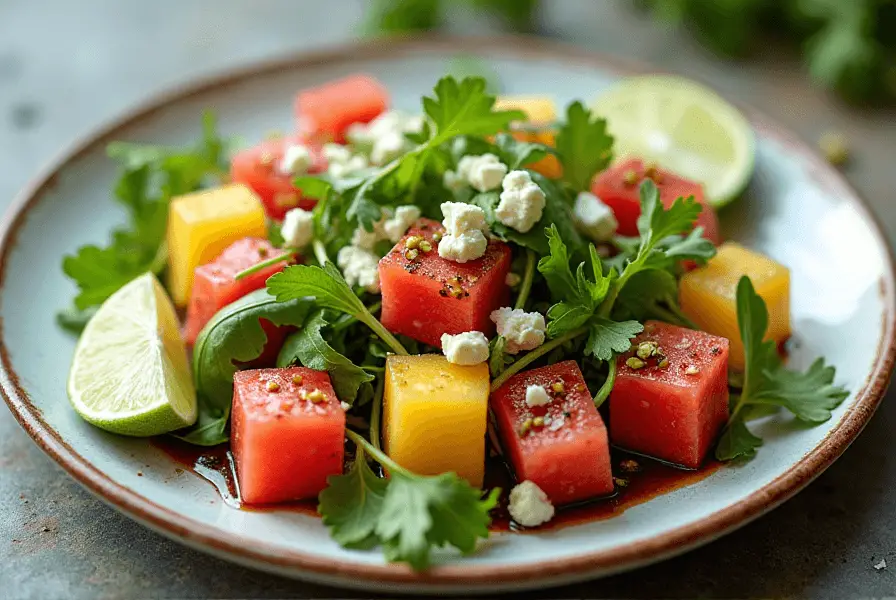 Summer salad with yellow watermelon, arugula, and feta cheese.
