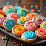 A tray of vibrant, colorful cookies featuring rainbow designs, stained glass effects, and edible flower toppings.