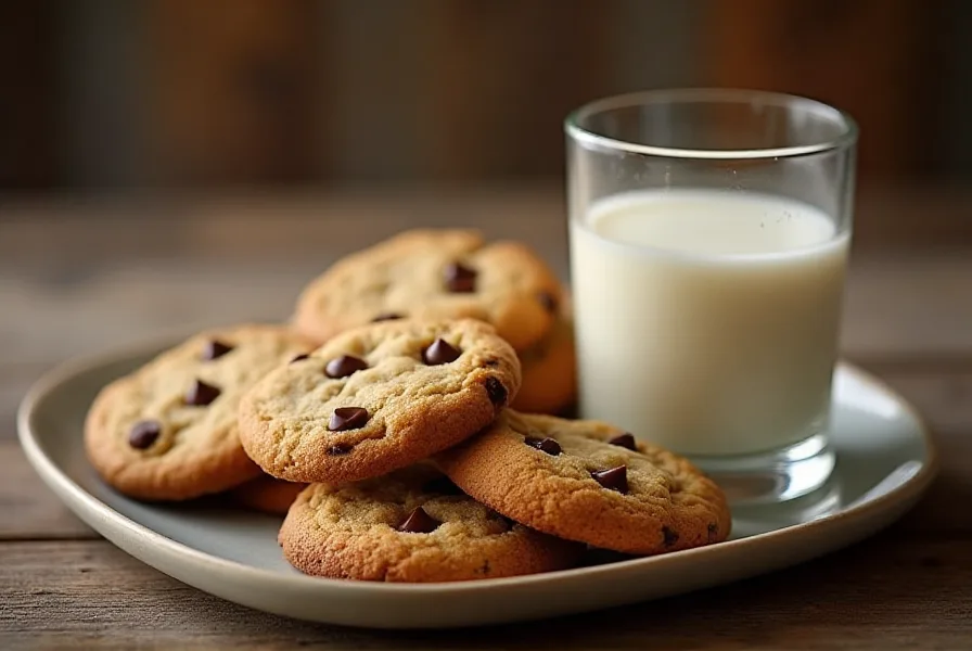 Nestle Toll House cookies on a wooden table with a glass of milk