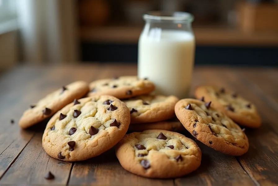 Freshly baked Nestle Toll House Milk Chocolate Chip Cookies with a glass of milk.