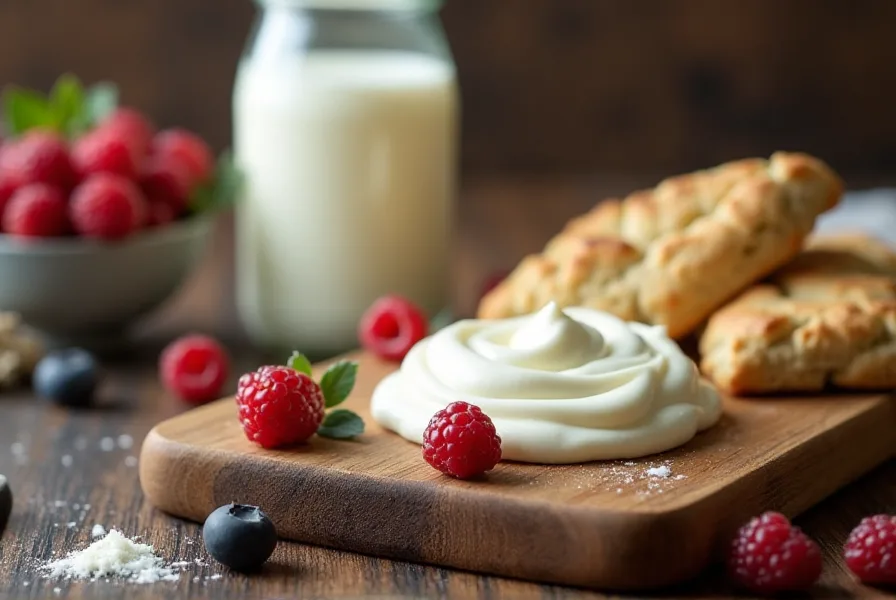 Crème fraîche with berries and scones.