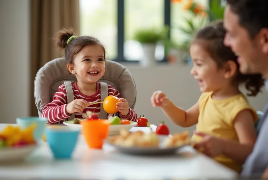 Toddler in a colorful high chair enjoying a cozy mealtime setting.