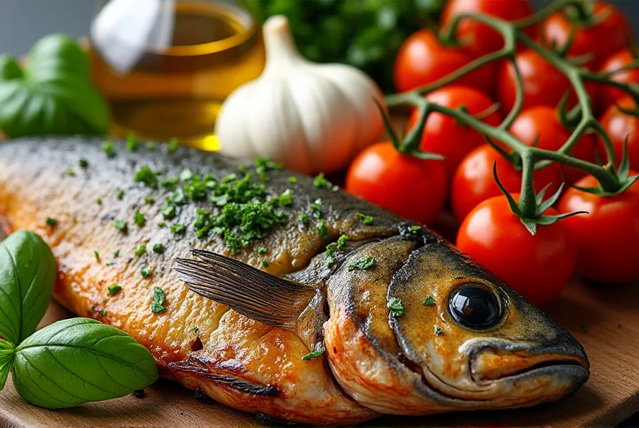 Fresh Mediterranean ingredients on a rustic table with grilled fish.