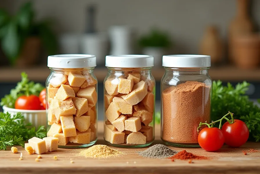 Various types of chicken bouillon displayed on a wooden counter.