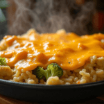 Chicken broccoli rice casserole fresh out of the oven with golden cheese.