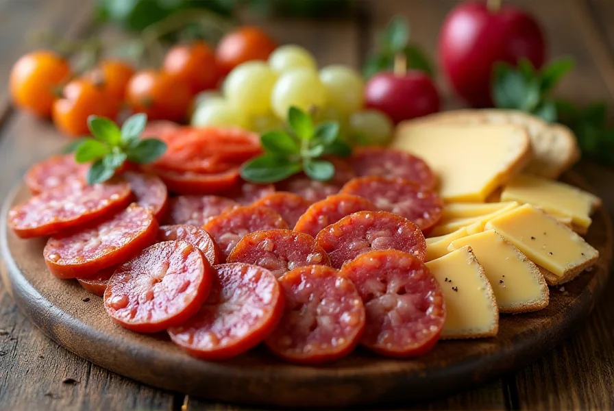 A rustic charcuterie board featuring summer sausage slices, cheese, and crackers.
