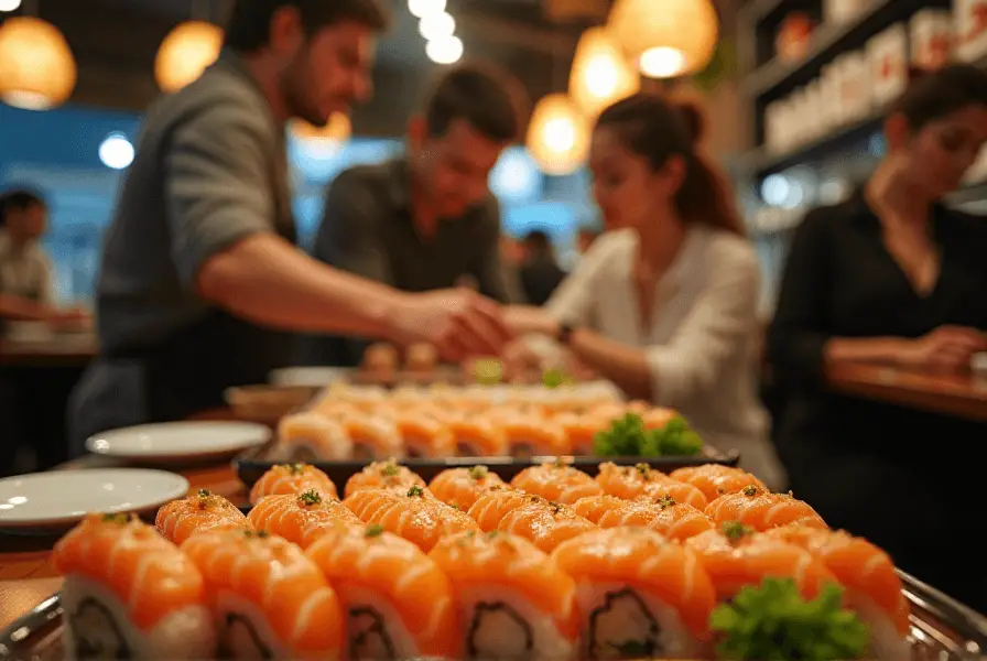 A platter of salmon-topped sushi featuring nigiri, rolls, and sashimi, garnished with wasabi and pickled ginger.