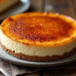 Crème Brûlée Cheesecake with caramel topping on a rustic table.