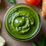 Fresh Garlic Basil Pesto Recipe in a bowl with ingredients around.