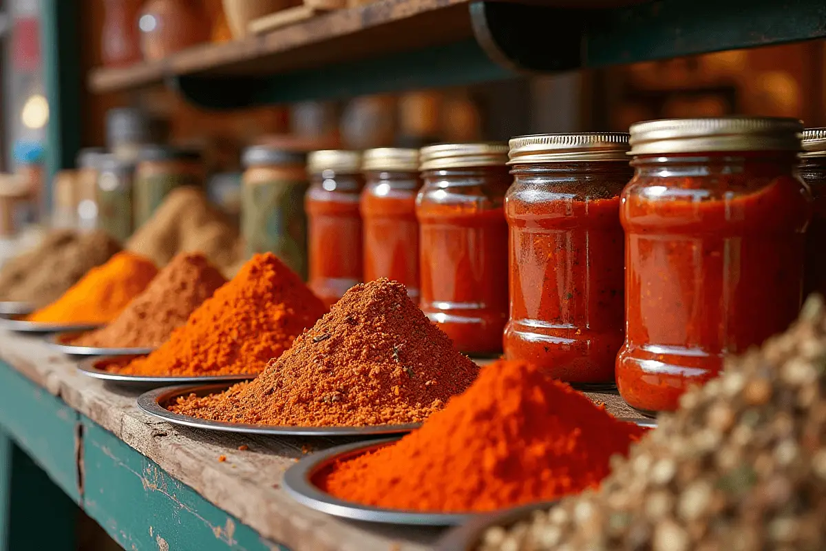 Harissa in Tunisian Markets Tunisian market stall selling jars of harissa.