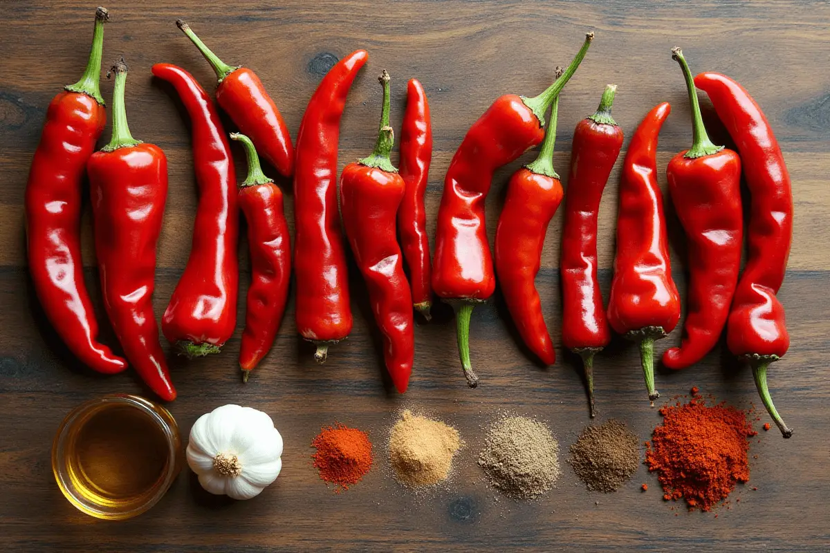 Harissa ingredients arranged on a rustic table. Ingredients for Authentic Harissa