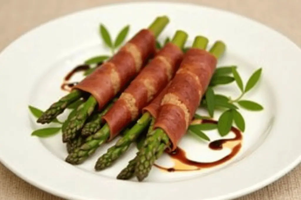 Pancetta-wrapped asparagus with balsamic glaze