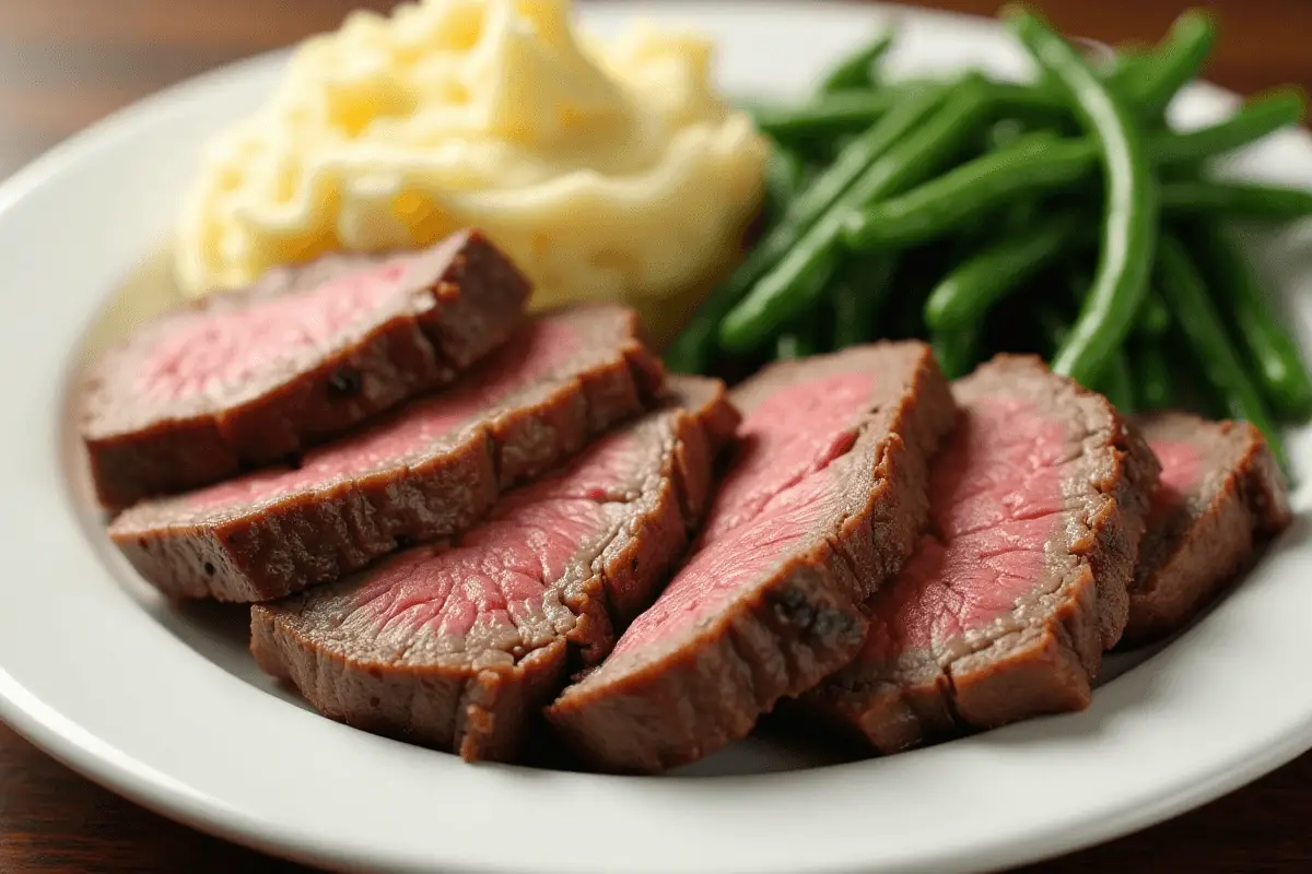 Plated Medium-Rare Steak Sliced medium-rare steak with mashed potatoes and green beans