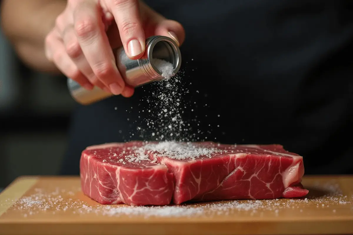 Seasoning the Steak Chef seasoning raw steak with salt and pepper.