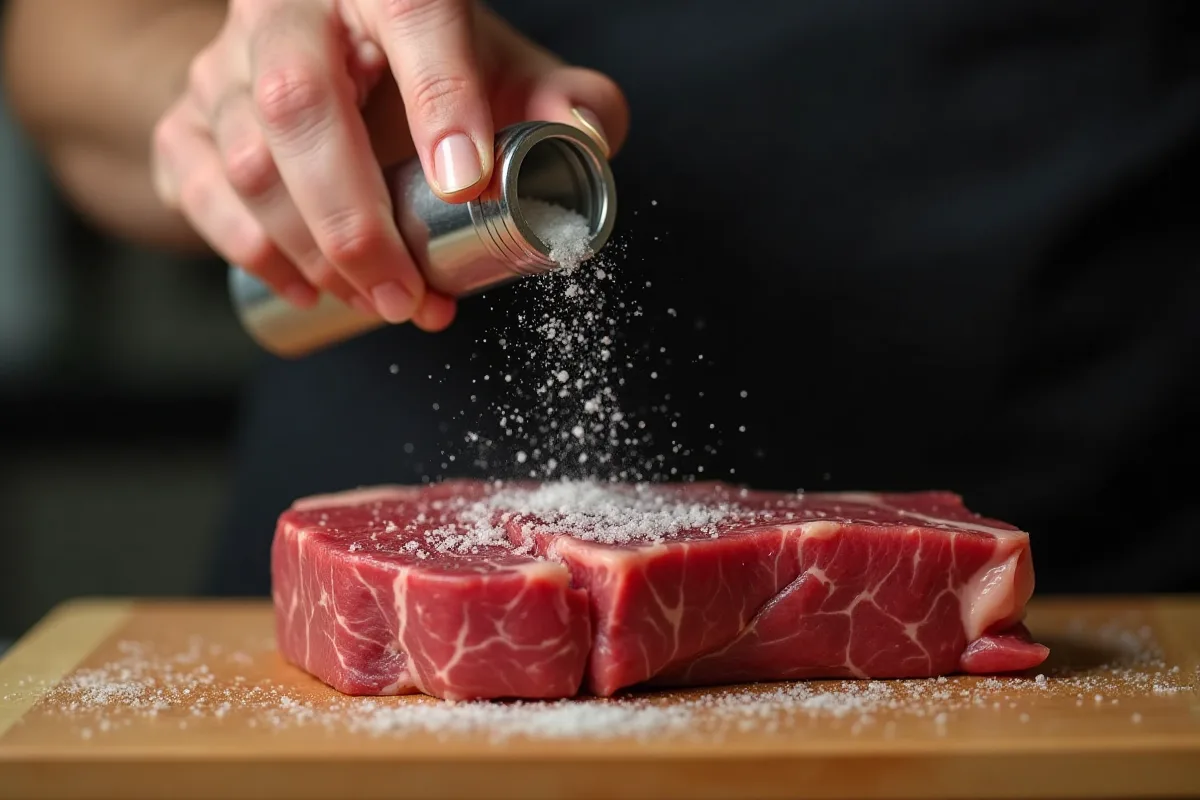 Seasoning the Steak Chef seasoning raw steak with salt and pepper.