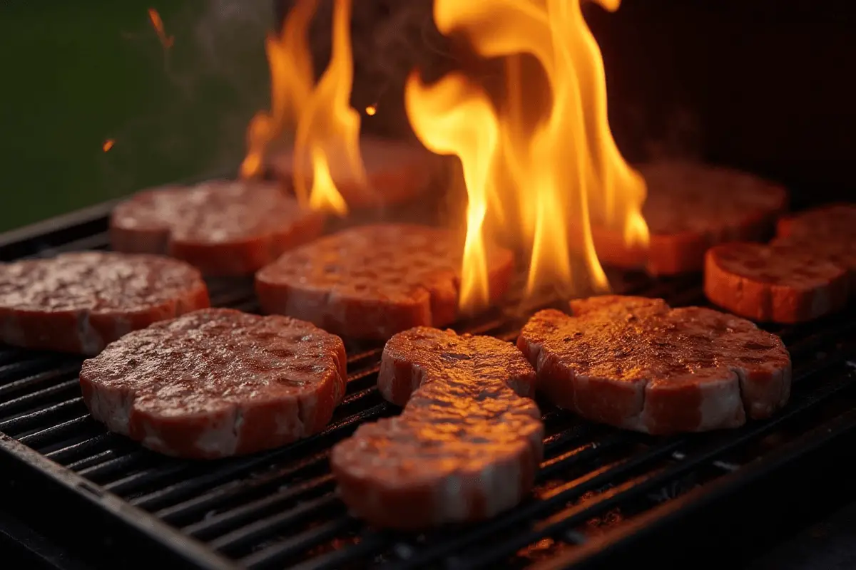 Steaks on the Grill Steaks grilling with flames and smoke