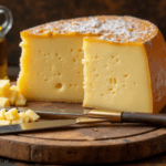 Aged Parmigiano Reggiano cheese wheel with olive oil.