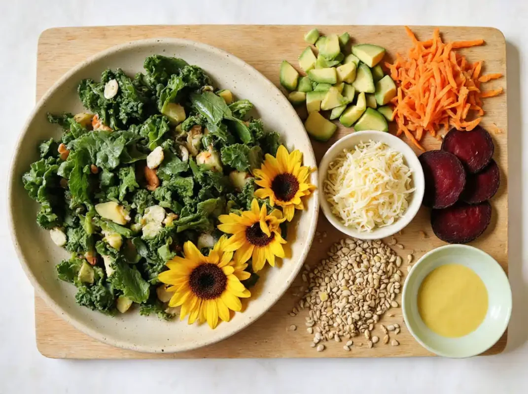 A flat-lay of fresh detox salad ingredients including kale, avocado, and seeds.