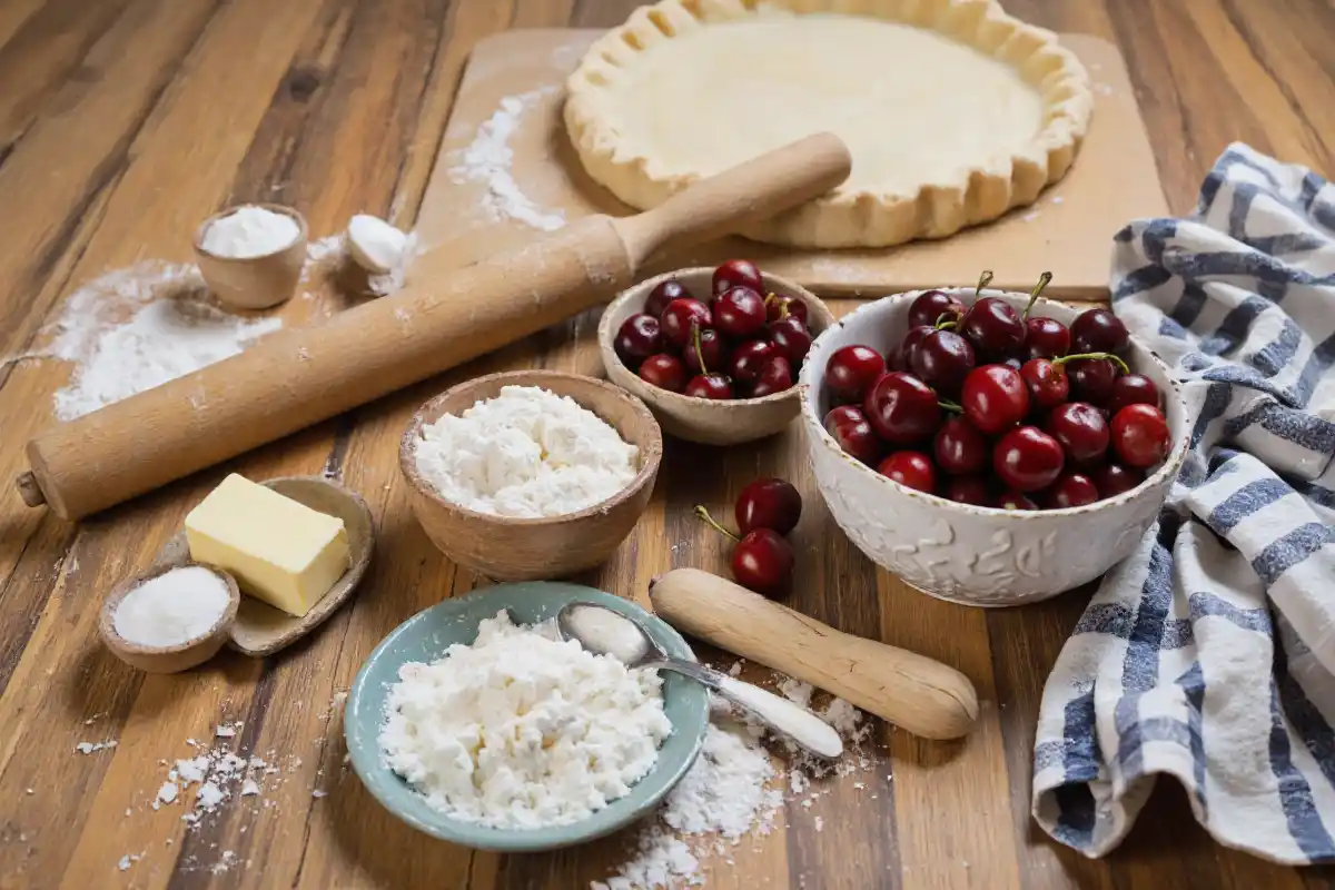 Fresh cherries, butter, sugar, and flour arranged on a wooden surface for cherry pie preparation.
