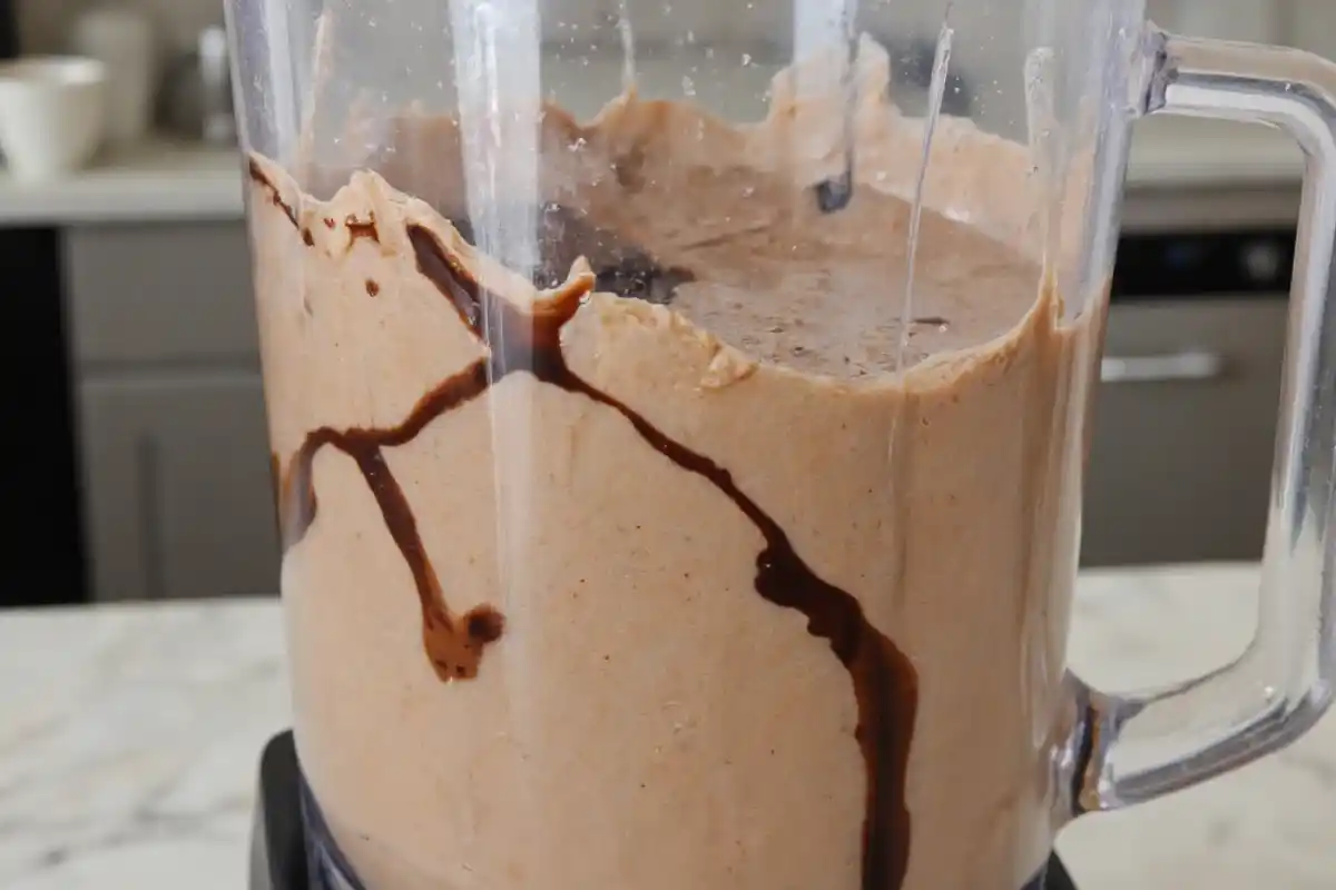 A smooth and creamy Frosty mixture being blended in a blender, with chocolate swirls visible.